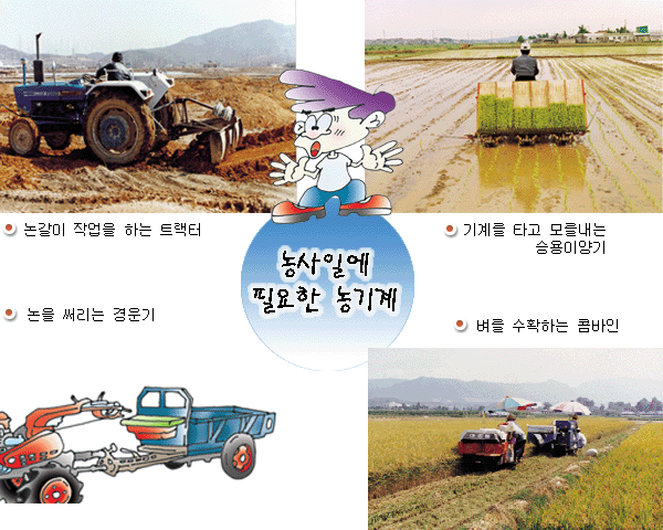 농사일에 필요한 농기계(논갈이 작업을 하는 트랙터, 기계를 타고 모를내는 승용이양기, 논을 써리는 경운기, 벼를 수확하는 콤바인