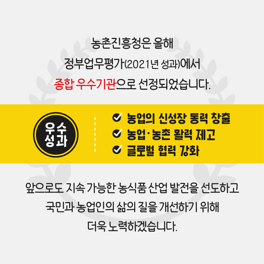 농촌진흥청은 올해 정부업무평가(2021년 성과)에서 종합 우수기관으로 선정되었습니다. 우수성과 1. 농업의 신성장 통력 창출 2. 농업·농촌 활력 제고 3.글로벌 협력 강화 앞으로도 지속 가능한 농식품 산업 발전을 선도하고 국민과 농업인의 삶의 질을 개선하기 위해 더욱 노력하겠습니다.