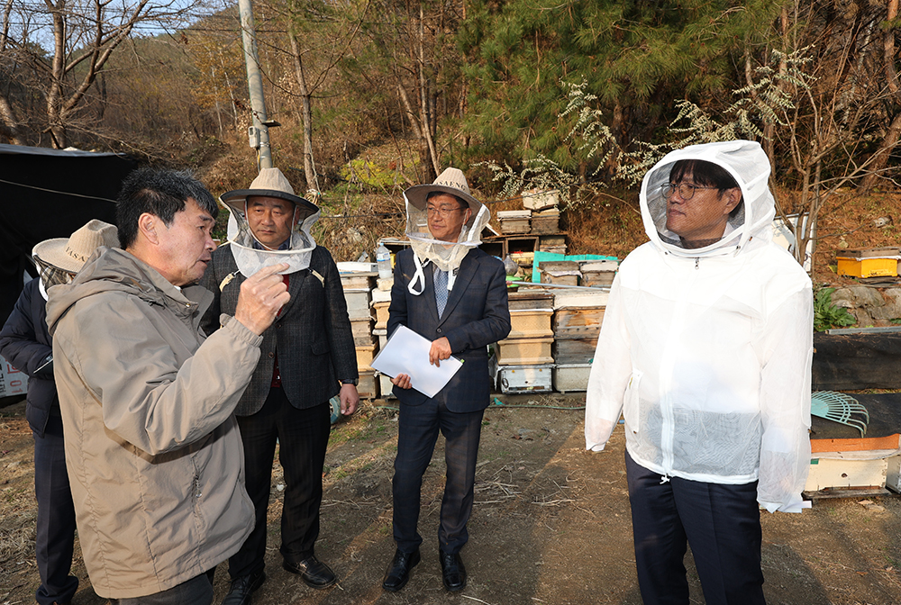 조재호 농촌진흥청장은 23일 전북 장수군에 있는 양봉농가를 찾아 월동에 대비한 꿀벌 관리 상황을 점검했다. 1