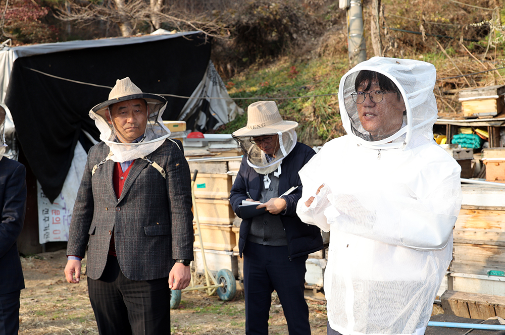 조재호 농촌진흥청장은 23일 전북 장수군에 있는 양봉농가를 찾아 월동에 대비한 꿀벌 관리 상황을 점검했다. 2