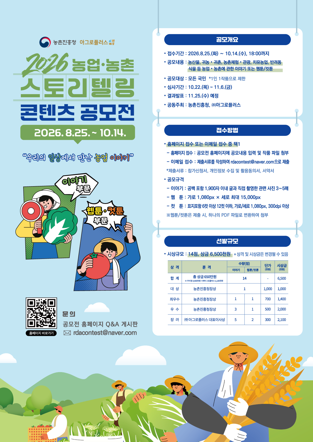 2026 농업&middot;농촌 스토리텔링 콘텐츠 공모전 2026.8.25.~10.14. "우리의 일상에서 만난 농업이야기", 이야기 부문, 웹툰 컷툰 부문  공모개요 접수기간: 2026.8.25.(화)~10.14.(수) 18:00까지 공모내용: 농산물, 귀농&middot;귀촌, 농촌체험&middot;관광, 치유농업, 반려동물/식물 등 농업&middot;농촌에 관한 이야기 또는 웹툰/컷툰 공모대상: 모든 국민 (*1인 1작품으로 제한) 심 기간: 10. 22.(목) ~ 11. 6.(금) 결과 발표: 11. 25.(수) 예정 공동주최: 농촌진흥청, (주)아그로플러스  접수방법 홈페이지 접수 또는 이메일 접수 중 택1 홈페이지 접수: 공모전 홈페이지에 공모내용 입력 및 작품 파일 첨부 이메일 접수: 제출서류를 작성하여 rdacontest@naver.com으로 제출 * 제출서류 : 참가신청서, 개인정보 수집 및 활용동의서, 서약서 공모규격 이야기 부문: 공백 포함 1,900자 이내 글과 직접 촬영한 관련 사진 3~5매 웹툰부문: 가로 1,080px &times; 세로 최대 15,000px 컷툰부문: 표지포함 6컷 이상 12컷 이하, 가로/세로 1,080px, 300dpi 이상※ 웹툰/컷툰은 제출 시, 하나의 PDF 파일로 변환하여 첨부 선발 규모 시상규모 : 14점, 상금 650만 원 *상격 및 시상금은 변경될수 있음 (표)상격 - 합계, 대상, 최우수, 우수, 장려 훈격- 총상금 650만원(우리청 4,400천원, (주)아그로플러스 2,100천원) , 수량(점) - 합계 이야기 웹툰/컷툰 14점, 대상 1점, 최우수 각 1점씩, 우수 각 3점,  1점, 장려 각 5점, 2점,   단가 (천원)- 대상 1,000 최우수 700, 우수 500, 장려 300, 시상금(천원)- 합계 6,500  대상 1,000  최우수 1,400  우수 2,000 장려 2,100,500 문의처 공모전 홈페이지 Q&A 게시판 이메일: rdacontest@naver.com