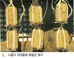 시골의 처마밑에 매달은 메주