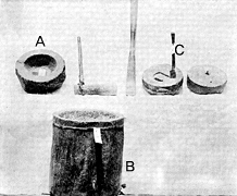 A돌절구(정백용), B절구(제분용), C맷돌(제분용)