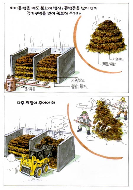 퇴비를 쌓을 때도 분뇨에 볏짚/톱밥등을 많이 넣어 공기구멍을 많이 확보해 주거나 자주 뒤집어 주어야 합니다.