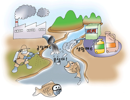  농약,생활폐수,공장폐수 등으로 힘들어 하는 물고기