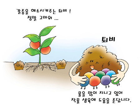 물을 많이 지닌 퇴비와 고마워 하는 식물 모습