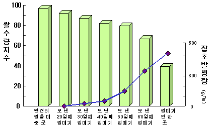 벼를 심은 뒤 시기에 따른 쌀 소출과 잡초 발생량