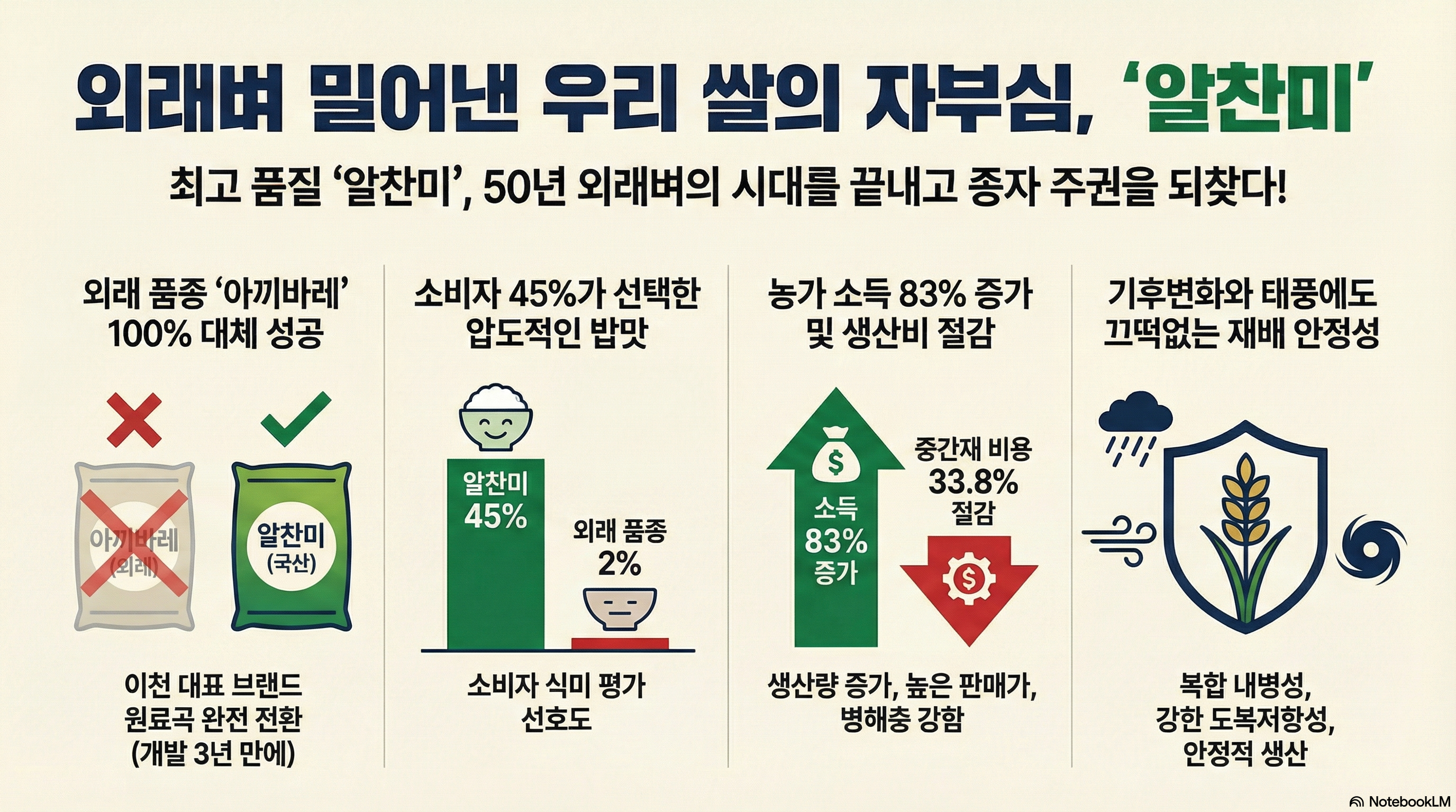 외래벼 밀어낸 우리 쌀의 자부심, ‘알찬미’ 최고 품질 ‘알찬미’, 50년 외래벼의 시대를 끝내고 종자 주권을 되찾다! [핵심 성과 지표] 1. 외래 품종 ‘아끼바레’ 100% 대체 성공   - 이천 대표 브랜드 원료곡 완전 전환 (개발 3년 만에 달성) 2. 소비자 45%가 선택한 압도적인 밥맛   - 소비자 식미 평가 선호도: 알찬미 45% vs 외래 품종 2% 3. 농가 소득 83% 증가 및 생산비 절감   - 생산량 증가, 높은 판매가 형성, 병해충에 매우 강함   - 농가 중간재 비용 33.8% 절감 4. 기후변화와 태풍에도 끄떡없는 재배 안정성   - 복합 내병성, 강한 도복저항성, 안정적 생산 보장