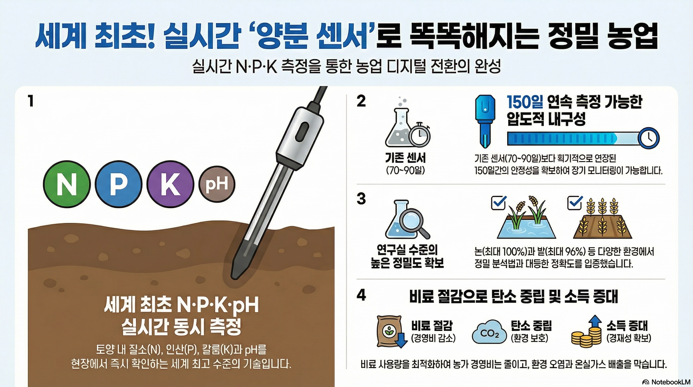 세계 최초! 실시간 ‘양분 센서’로 똑똑해지는 정밀 농업 실시간 N·P·K 측정을 통한 농업 디지털 전환의 완성 [4대 혁신 기술 특징] 1. 세계 최초 N·P·K·pH 실시간 동시 측정   - 토양 내 질소(N), 인산(P), 칼륨(K)과 pH를 현장에서 즉시 확인하는 세계 최고 수준의 기술입니다. 2. 150일 연속 측정 가능한 압도적 내구성   - 기존 센서(70~90일)보다 획기적으로 연장된 150일간의 안정성을 확보하여 장기 모니터링이 가능합니다. 3. 연구실 수준의 높은 정밀도 확보   - 논(최대 100%)과 밭(최대 96%) 등 다양한 환경에서 연구실 정밀 분석법과 대등한 정확도를 입증했습니다. 4. 비료 절감으로 탄소 중립 및 소득 증대   - 비료 절감 (경영비 감소) -> 탄소 중립 (환경 보호) -> 소득 증대 (경제성 확보)   - 비료 사용량을 최적화하여 농가 경영비는 줄이고, 환경 오염과 온실가스 배출을 막습니다.