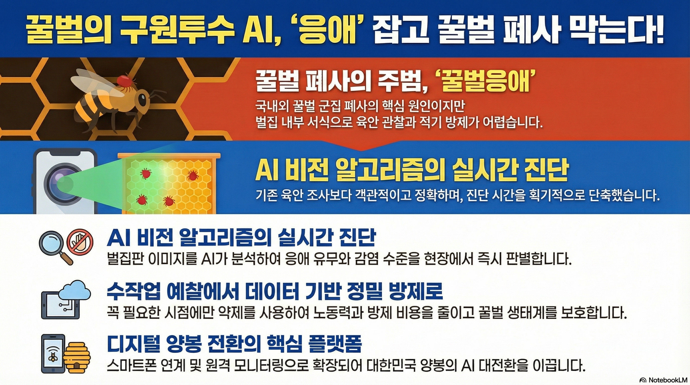 꿀벌의 구원투수 AI, 응애 잡고 꿀벌 폐사 막는다! [위기] - 꿀벌 폐사의 주범, 꿀벌응애 - 국내외 꿀벌 군집 폐사의 핵심 원인이지만 벌집 내부 서식으로 육안 관찰과 적기 방제가 어렵습니다. [해결/기술] - AI 비전 알고리즘의 실시간 진단 - 기존 육안 조사보다 객관적이고 정확하며, 진단 시간을 획기적으로 단축했습니다. [주요 내용] - AI 비전 알고리즘의 실시간 진단  - 벌집판 이미지를 AI가 분석하여 응애 유무와 감염 수준을 현장에서 즉시 판별합니다. - 수작업 예찰에서 데이터 기반 정밀 방제로 - 꼭 필요한 시점에만 약제를 사용하여 노동력과 방제 비용을 줄이고 꿀벌 생태계를 보호합니다. - 디지털 양봉 전환의 핵심 플랫폼 - 스마트폰 연계 및 원격 모니터링으로 확장되어 대한민국 양봉의 AI 대전환을 이끕니다.