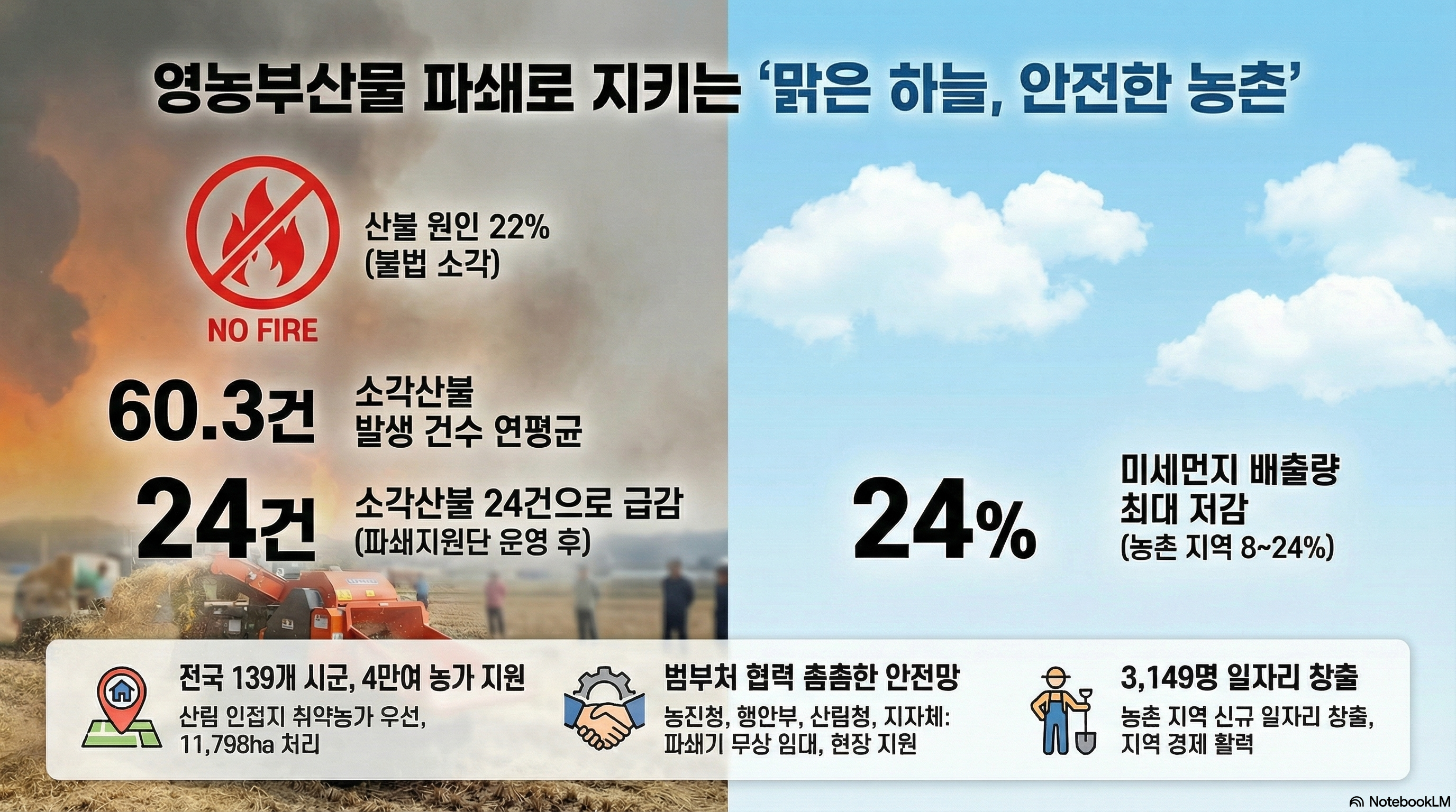 영농부산물 파쇄로 지키는 맑은 하늘, 안전한 농촌 [현황 및 성과] - 산불 원인 22% (불법 소각) - 소각산불 발생 건수 연평균: 60.3건 - 소각산불 24건으로 급감 (파쇄지원단 운영 후) - 미세먼지 배출량 최대 저감: 24% (농촌 지역 8~24%) [세부 추진 사항] 1. 전국 139개 시군, 4만여 농가 지원 - 산림 인접지 취약농가 우선, 11,798ha 처리 2. 범부처 협력 촘촘한 안전망 - 농진청, 행안부, 산림청, 지자체: 파쇄기 무상 임대, 현장 지원 3. 3,149명 일자리 창출 - 농촌 지역 신규 일자리 창출, 지역 경제 활력