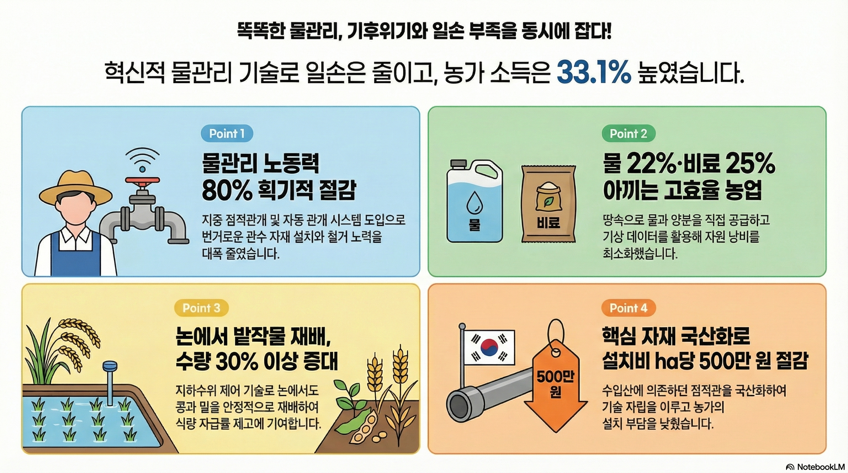 똑똑한 물관리, 기후위기와 일손 부족을 동시에 잡다! 혁신적 물관리 기술로 일손은 줄이고, 농가 소득은 33.1% 높였습니다. [Point 1] 물관리 노동력 80% 획기적 절감 - 지중 점적관개 및 자동 관개 시스템 도입으로 번거로운 관수 자재 설치와 철거 노력을 대폭 줄였습니다. [Point 2] 물 22%·비료 25% 아끼는 고효율 농업 - 땅속으로 물과 양분을 직접 공급하고 기상 데이터를 활용해 자원 낭비를 최소화했습니다. [Point 3] 논에서 밭작물 재배, 수량 30% 이상 증대 - 지하수위 제어 기술로 논에서도 콩과 밀을 안정적으로 재배하여 식량 자급률 제고에 기여합니다. [Point 4] 핵심 자재 국산화로 설치비 ha당 500만 원 절감 - 수입산에 의존하던 점적관을 국산화하여 기술 자립을 이루고 농가의 설치 부담을 낮췄습니다.