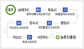 대구 → 남대구IC → 중부내륙고속도로지선 → 옥포JC → 88올림픽고속도로 → 함양JC → 대전통영간고속도로 → 장수JC → 익산장수고속도로 → 익산JC → 호남고속도로 → 서전주IC → 농촌진청