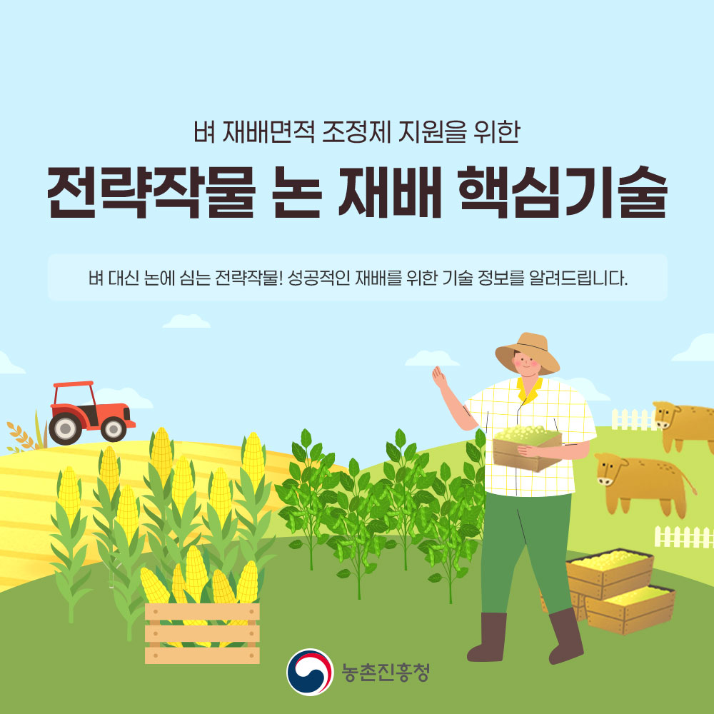 벼 재배면적 조정제 지원을 위한 전략작물 논 재배 핵심기술 벼 대신 농에 심는 전략작물! 성공적인 재배를 위한 기술 정보를 알려드립니다. 농촌진흥청