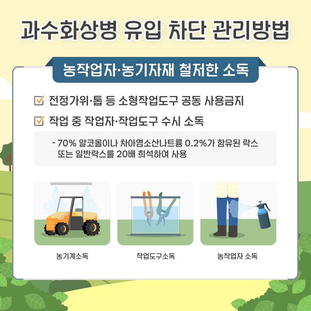 과수화상병 유입 차단 관리방법 - 농작업자 .농기자재 철저한 소독 * 전정가위, 톱 등 소형작업도구 공동 사용 금지, * 작업 중 작업자. 작업도구 수시 소독(70% 알코올이나 차아염소산나트룸 0.2%가 함유된 락스 또는 일반락스를 20배 희석하여 사용) - 농기계 소독, 작업도구 소독, 농작업자 소독