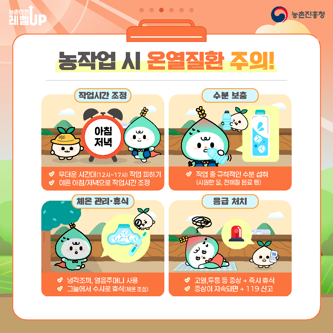 농작업 시 온열질환 주의! 1.작업시간 조정 무더운 시간대(12시~17시) 작업 피하기 이른 아침이나 저녁으로 작업시간 조정 캐릭터들이 ‘아침’과 ‘저녁’ 표시판 앞에서 설명 2. 수분 보충 작업 중 규칙적인 수분 섭취 (시원한 물, 전해질 음료 등) 물병을 들고 있는 캐릭터 그림 3. 체온 관리·휴식 냉각조끼, 얼음주머니 사용 그늘에서 충분한 휴식으로 체온 조절 얼음과 휴식 중인 캐릭터 모습 4. 응급 처치 고열, 두통 등 증상 시 즉시 휴식 증상이 지속되면 119에 신고 캐릭터가 쓰러진 모습과 119 응급벨 그림 포함