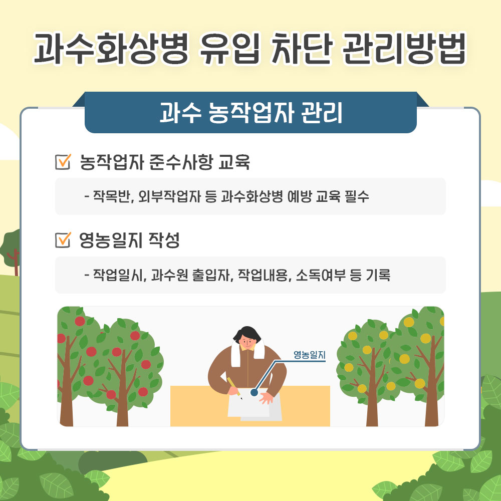 과수화상병 유입 차단 관리방법 - 과수 농작업자 관리 * 농작업자 준수사항 교육(작목반, 외부작업자 등 과수화상병 예방교육 필수), * 영농일지 작성(작업일시, 과수원 출입자, 작업내용, 소독여부 등 기록)