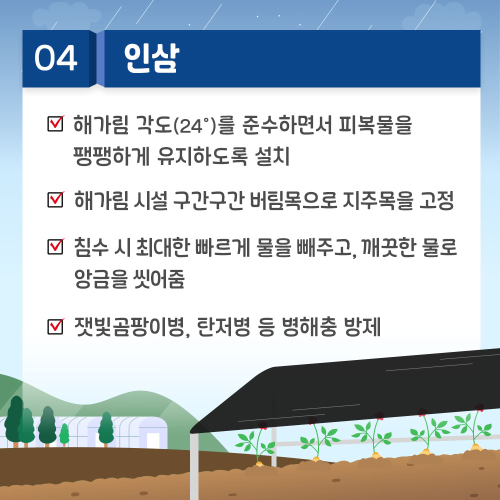 축사: 지붕·배수로·전기 점검, 주변 배수로 정비, 송풍기 가동, 침수 시 배수·청소·소독