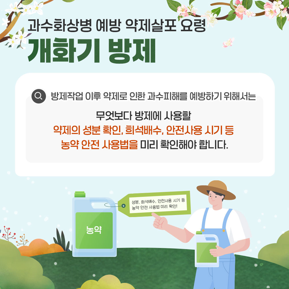 과수화상병 예방 약제살포 요령 개화기 방제 방제작업 이후 약제로 인한 과수피해를 예방하기 위해서는 무엇보다 방제에 사용할 약제의 성분 확인, 희석배수, 안전사용 시기 등 농약 안전 사용법을 미리 확인해야 합니다.