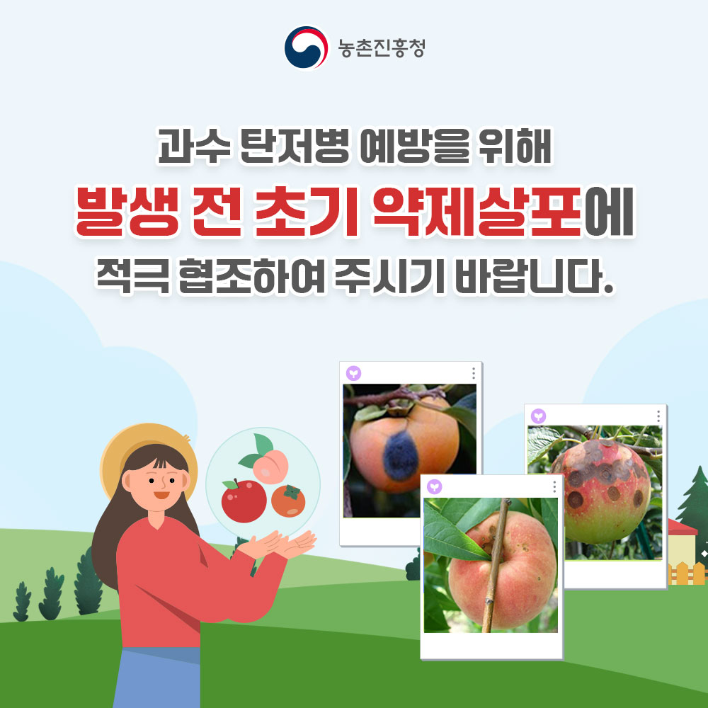 농촌진흥청 과수 탄저병 예방을 위해 발생 전 초기 약제살포에 적극 협조하여 주시기 바랍니다.