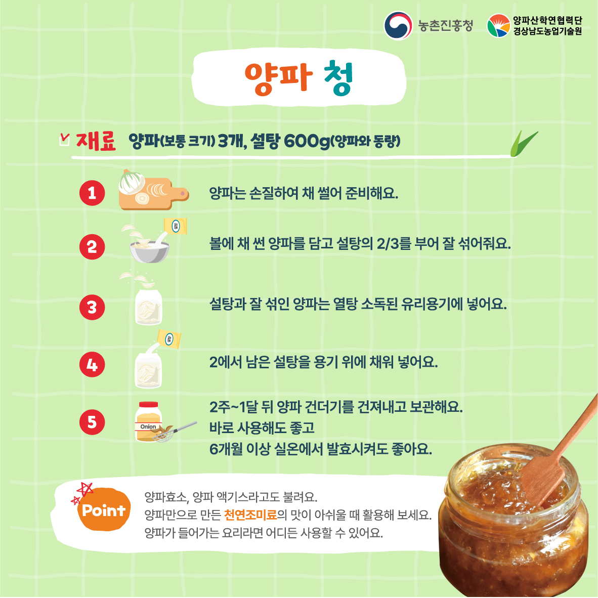 양파청  재료 양파(보통크기)3개, 600g(양파와동량)  양파는 손질하여 재 썰어 준비해요.  볼에 채 썬 양파를 담고 설탕의 2/3를 부어 잘 섞어줘요.  설탕과 잘 섞인 양파는 열탕 소독된 유리용기에 넣어요.  2에서 남은 설탕을 용기 위에 채워 넣어요.  2주~1달 뒤 양파 건더기를 건져내고 보관해요.  바로 사용해도 좋고  6개월 이상 실온에서 발효시켜도 좋아요.  양파효소, 양파 액기스라고도 불려요.  양파만으로 만든 천연조미료의 맛이 아쉬울 때 활용해 보세요.  양파가 들어가는 요리라면 어디든 사용할 수 있어요. 