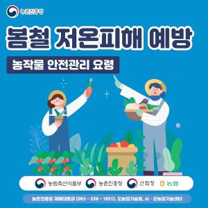 농촌진흥청 봄철 저온피해 예방 농작물 안전관리 요령. 농림추간식품보, 농촌진흥청, 산림청, 농협, 농촌진흥청 재해대응과(063-238-1051), 도농업기술원, 시·군농업기술센터