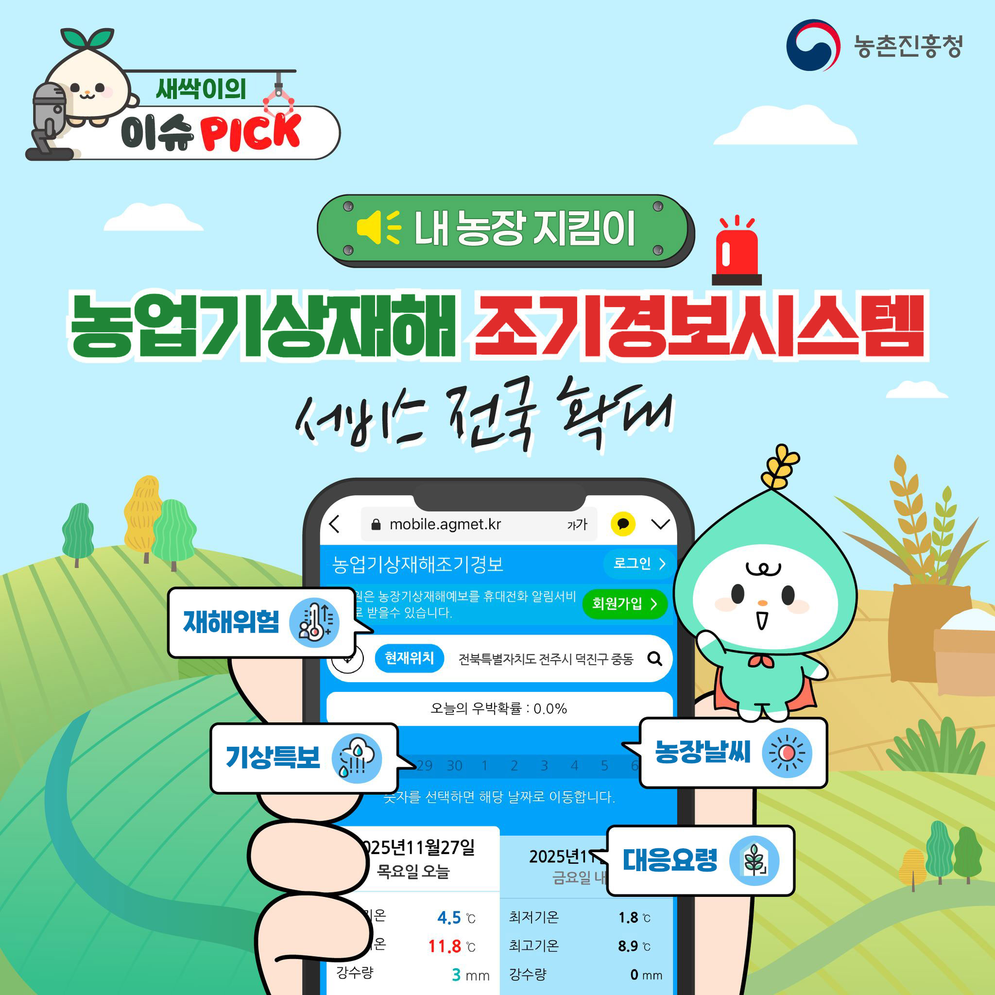 농촌진흥청 새싹이의 이슈 PICK 내 농장 지킴이 농업기상재해 조기경보시스템 서비스 전국 확대 mobile.agmet.kr 농업기상재해조기경보 로그인 회원가입 현재위치 전북특별자치도 전주시 덕진구 중동 오늘의 우박확률 : 0.0% 2025년 11월 27일 목요일 오늘 기온 4.5도 11.8도 강수량 3mm 재해위험 기상특보 농장날씨 대응요령