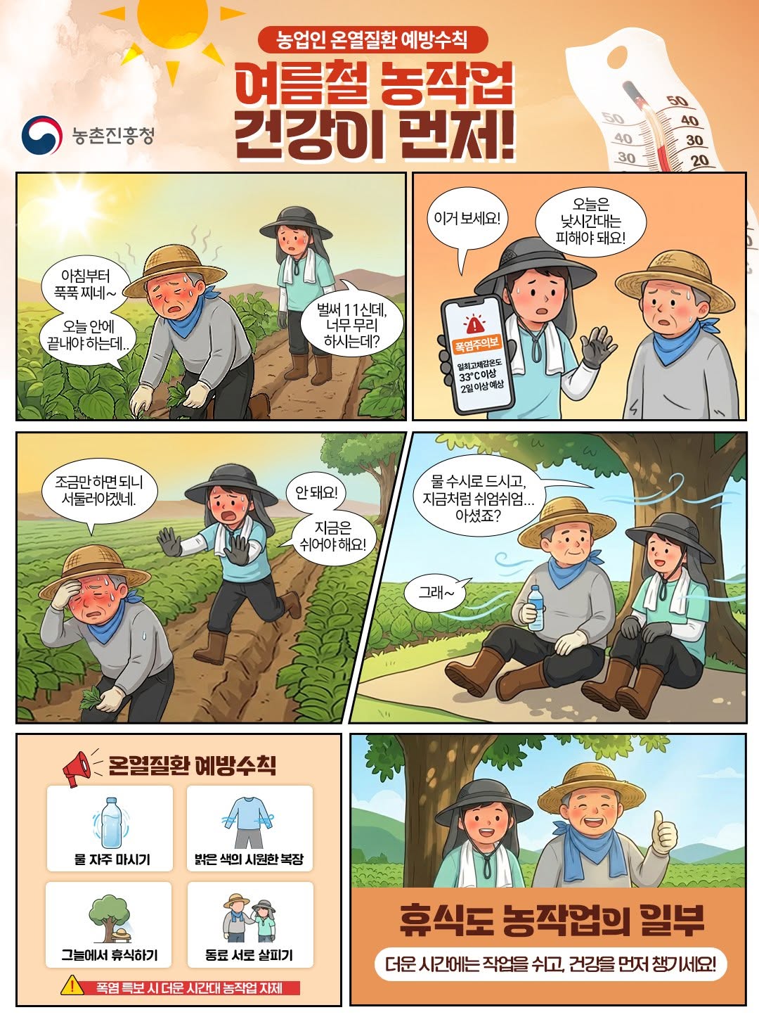 농업인 온열질환 예방수치  여름철 농작업 건강이 먼저!  아침부터 푹푹찌네! 오늘 안에 끝내에 하는데  벌써 11신데, 너무 무리 하시는데? 이거 보세요! 오늘은 낮시간대는 피해야 돼요!(폭염주의보 일최고체감온도 33℃이상 2일 이상 예상)  조금만 하면 되니 서둘러야겠네  안돼요! 지금은 쉬어야 해요!  물 수시로 드시고, 지금처럼 쉬엄쉬엄... 아셨죠?  그래~  온열질환 예방 수칙  물 자주 마시기  밝은 색의 시원한 복장  그늘에서 휴식하기  동료 서로 살피기  폭염 특보 시 더운 시간대 농작업 자제  휴식도 농작업의 일부   더운 시간에는 작업을 쉬고, 건강을 먼저 챙기세요!