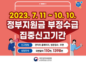 2023.7.11~10.10 정부지원금 부정수급 집중신고기간 신고방법 권익위 홈페이지, 방문접수, 우편, 상담안내 국법없이 110번, 1398번, 국민권익위원회 공공재정환수관리과