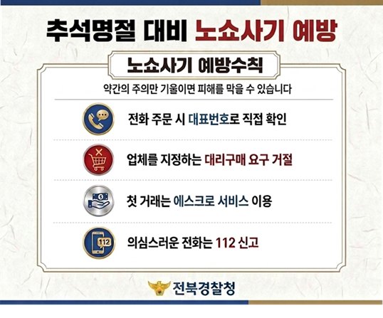 추석명절 대비 <노쇼사기 예방  노쇼사기 범행수법>  ① 관공서·기업 사칭 단체예약 ② 특정 업체 물건 대리구매 요청 ③ 공범 업체 선결제 요구 ④ 대금 수령 후 잠적  <노쇼사기 예방수칙>  약간의 주의만 기울이면 피해를 막을 수 있습니다  1. 전화 주문 시 대표번호로 직접 확인  해당 기관·기업의 대표번호로 직접 전화하여 사칭범의 근무 여부와 주문 사실을 확인하세요.  2. 업체를 지정하는 대리구매 요구 거절  특정 업체에서 구매할 것을 요청하는 전화는 100% 사기입니다.  3. 첫 거래는 에스크로 서비스 이용   안전한 에스크로 결제를 통해 피해를 예방할 수 있습니다.  4. 의심스러운 전화는 112신고   피해를 입지 않았더라도 사칭범의 전화를 받은 경우 경찰에 신고해주세요. 당신의 신고로 다른 사람의 피해도 막을 수 있습니다.   전북경찰청