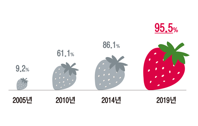 2005년 9.2%, 2010년 61.1%, 2014년 86.1%, 2019년 95.5%