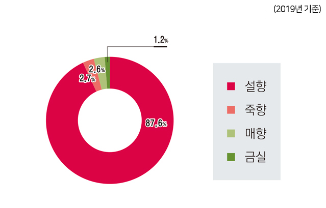 (2019년 기준) 설향 87.6%, 죽향 2.7%, 매향 2.6%, 금실 1.2%