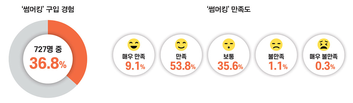 '썸머킹' 구입 경험 727명 중 36.8% '썸머킹' 만족도 매우 만족 9.1% 만족 53.8% 보통 35.6% 불만족 1.1%