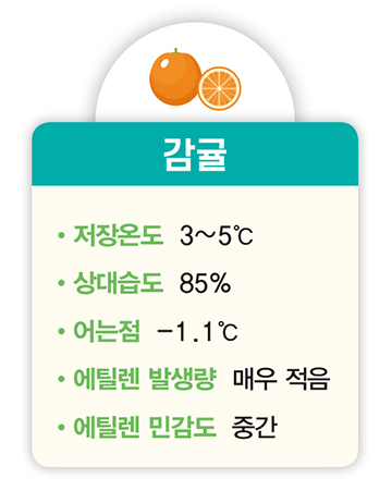 감귤 저장온도 3~5℃ 상대습도 85% 어는점 -1.1℃ 에틸렌 발생량 매우 적음 에틸렌 민감도 중간