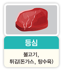 등심 불고기, 튀김(돈가스, 탕수육)