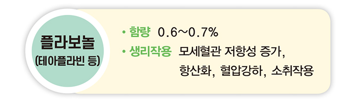 플라보놀(테아플라빈 등) 함량 0.6~0.7% 생리작용 모세혈관 저항성 증가, 항산화, 혈압강하, 소취작용